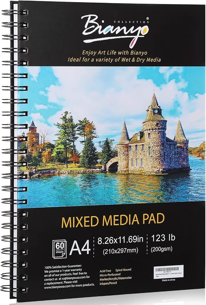 Bianyo Mixed Media Paper Pad, 60 Sheets/Each, 123 LB/200 GSM, Spiral-Bound Pad by Bianyo