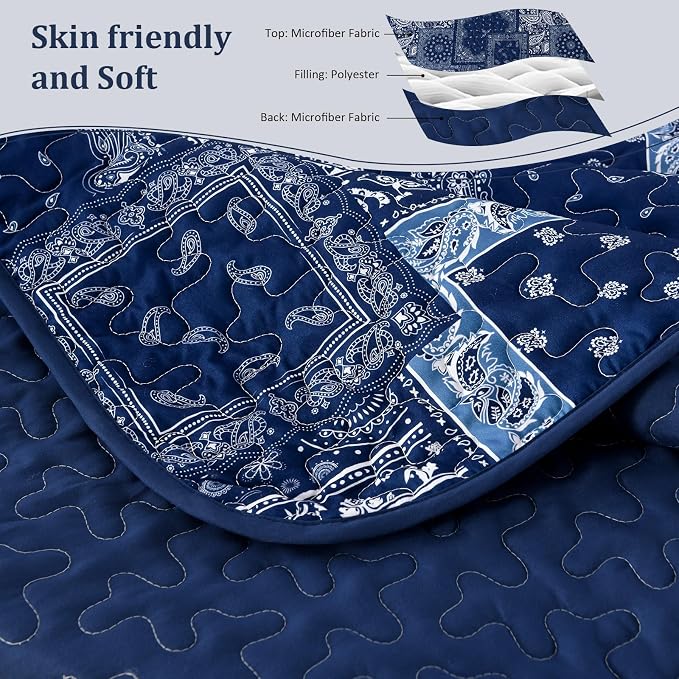 Cottolester Blue Patchwork Quilt Set Queen Size, Boho Navy Blue Quilt Set - Image 5
