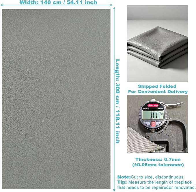 Grey Faux Leather Fabric 118"×55" Lychee Grain Upholstery Vinyl - Image 6