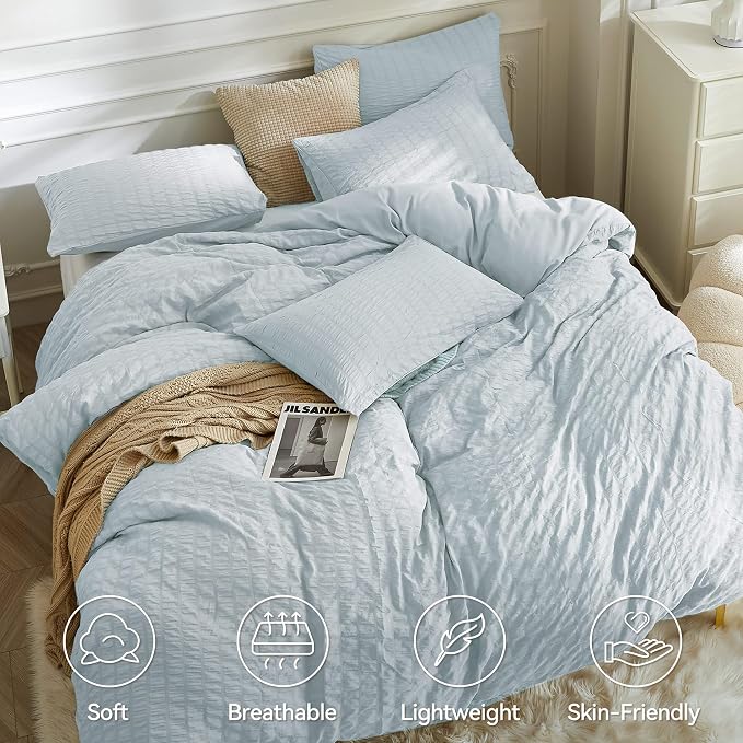 JELLYMONI Baby Blue Duvet Cover Twin Size, Soft Breathable Seersucker Duvet - Image 2