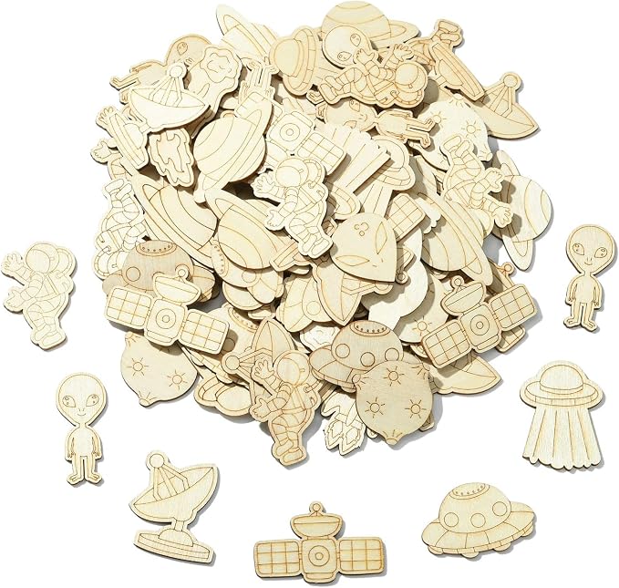 100 pcs Mixed Styles Universe Theme Unfinished Wooden Cutout Charms Alien - Image 8