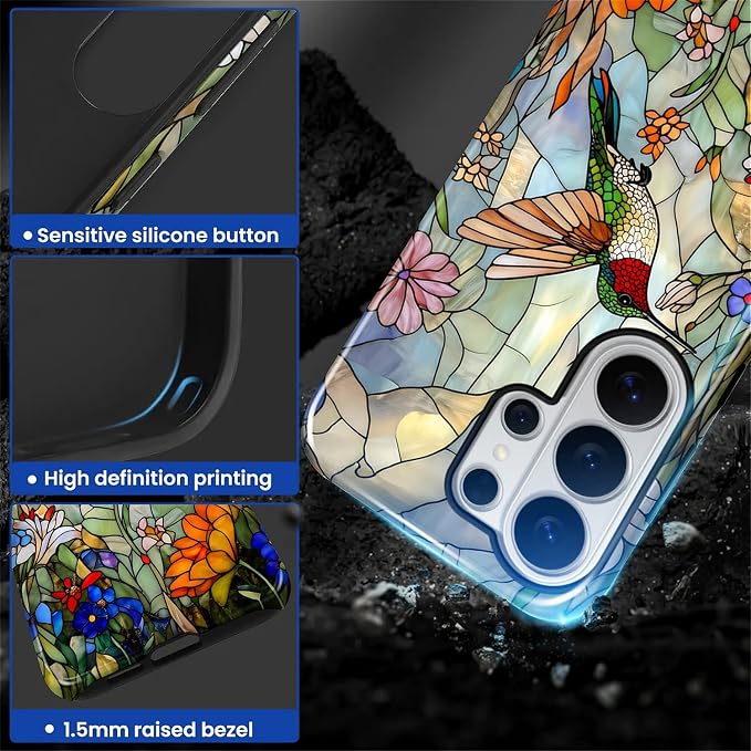 for Samsung Galaxy S26 Ultra Case, Hummingbird Wildflower Stained Glass Pattern - Image 4