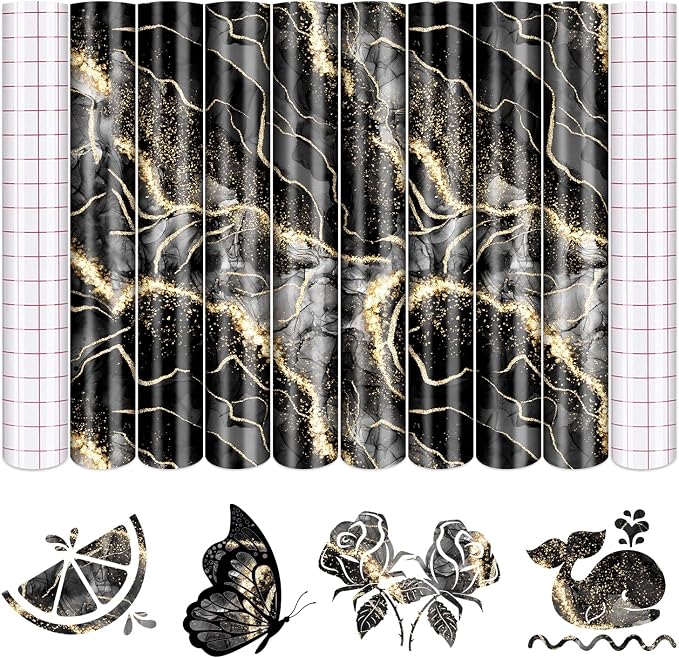 Tintnut Marble Permanent Vinyl 8 Pcs 12x10in Black Gold Adhesive Vinyl | by Tintnut