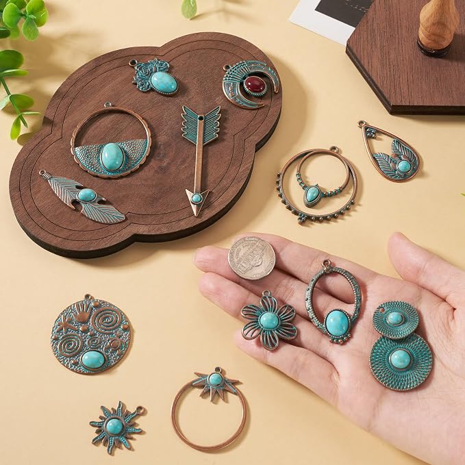 13Pcs Vintage Synthetic Turquoise Charms, Tibetan Style Alloy Bohemia Retro - Image 2
