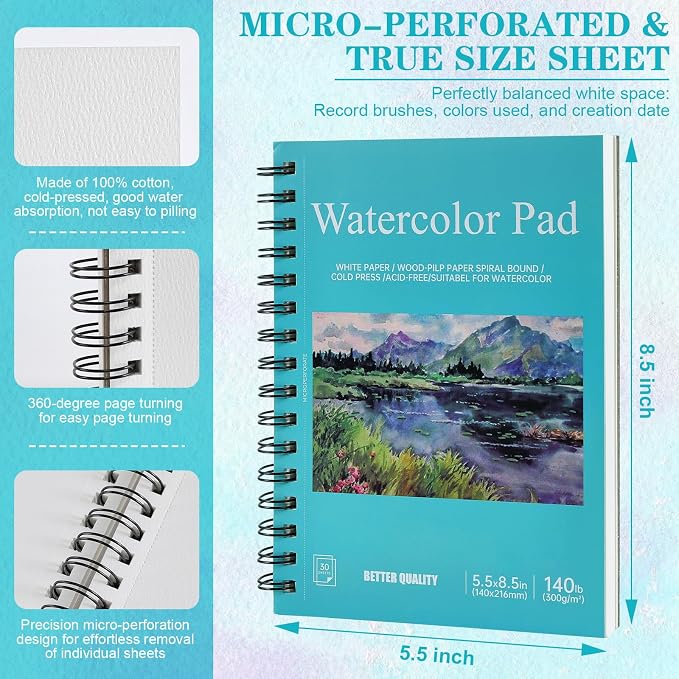 3 Pack 90 Sheet Watercolor Paper Pad 5.5“ x 8.5”, 140lb/300 GSM Cotton Cold - Image 2