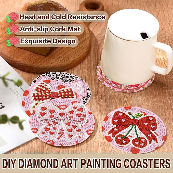 Axquilon 8 Pcs Pink Bow Diamond Art Coasters Kit - Image 3