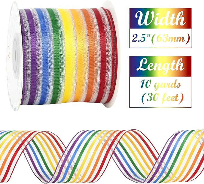 HUIHUANG Rainbow Stripe Sheer Wired Ribbon 2.5 inch Multi-Colored Stripes Wire - Image 2