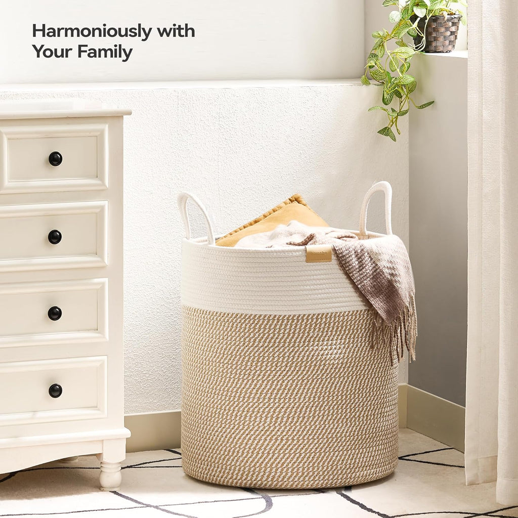 80L Laundry Hamper Basket,Baby Nursery Woven Storage Basket for Toys Bin,Pillows,Blankets,Clothes,Brown&White