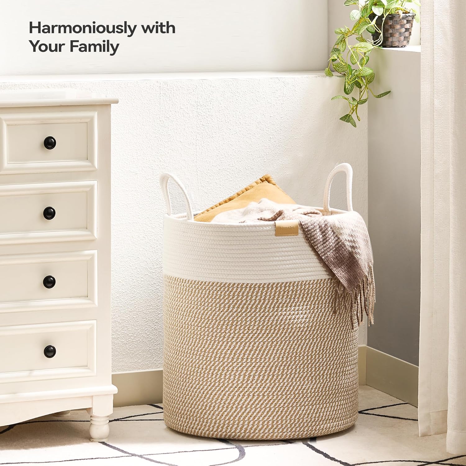 80L Laundry Hamper Basket,Baby Nursery Woven Storage Basket for Toys Bin,Pillows,Blankets,Clothes,Brown&White