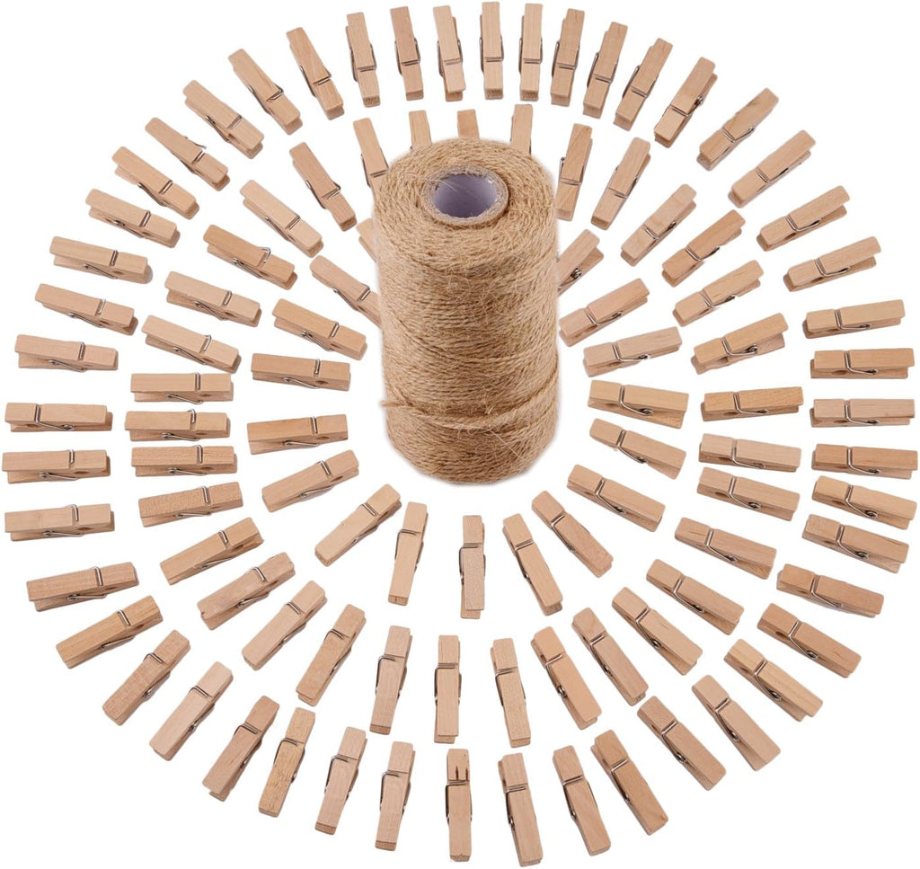 320 Feet Jute Twine and 100 Pieces Mini Natural Wooden Craft Clothespins Pegs Clips