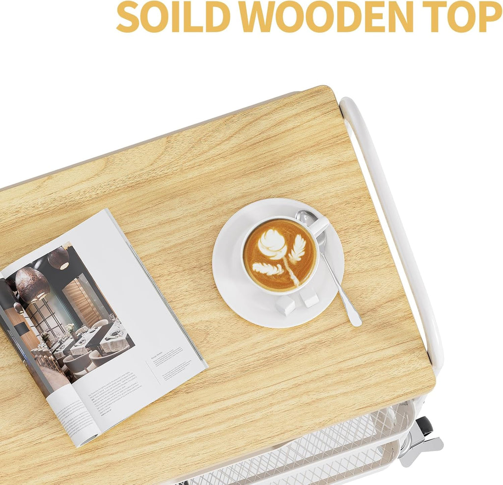 TOOLF 3-Tier Metal Utility Rolling Cart with Drawer and Wooden Table Top, Storage Cart White Trolley Kitchen Organizer Rolling Desk with Locking Wheels for Office, Classroom, Home, Bedroom