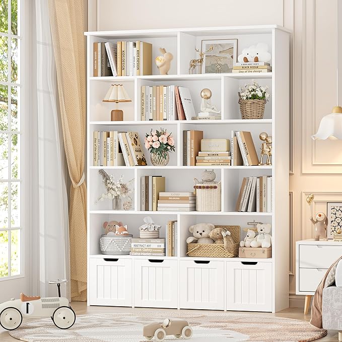 FINETONES 69" H Toy Storage Organizer, 6 Tier Tall Kids Bookshelf with 4 Movable Drawers and 12 Storage Cubbies, 49.4" W Toy Organizers and Storage Organizer Playroom Storage for Kids Room