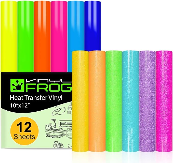 VINYL FROG Neon HTV Vinyl PU Fluorescent and Glitter Heat Transfer Vinyl Bundle by VINYLFROG