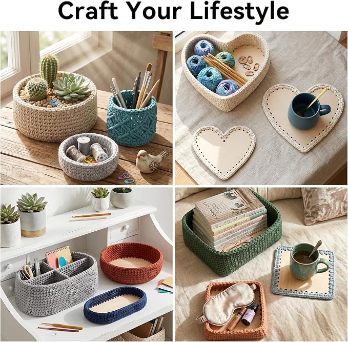 12PCS Wooden Basket Bottom, Oval Round Square Heart Shape Wood Blank Crochet - Image 7