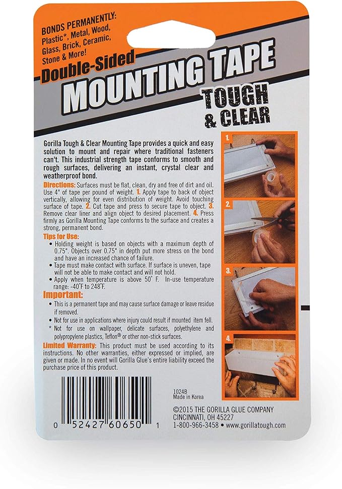 Gorilla Tough & Clear; Double Sided Mounting Tape; Weatherproof; 1" x 60"; - Image 2