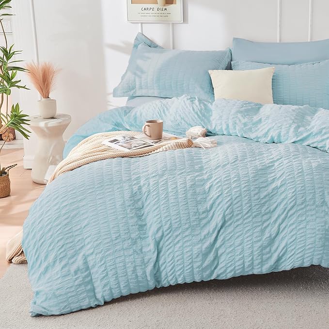 HYMOKEGE Lake Blue Queen Comforter Set Seersucker 7 Pieces, All Season Luxury - Image 2