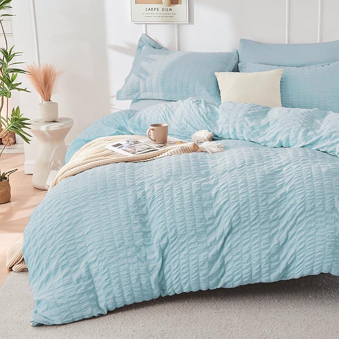 HYMOKEGE Lake Blue Twin Comforter Set Seersucker 5 Pieces, All Season Luxury - Image 2