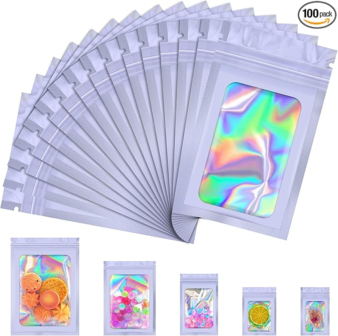 JETMORE 100 Pcs Mylar Bags, Smell Proof Bags Foil Pouch, Holographic Resealable by Jetmore