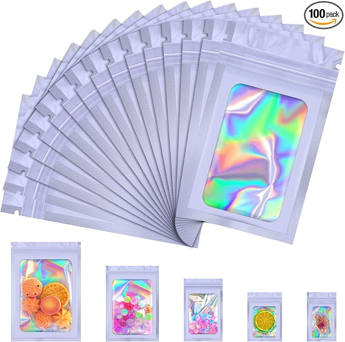 JETMORE 100 Pcs Mylar Bags, Smell Proof Bags Foil Pouch, Holographic Resealable by Jetmore