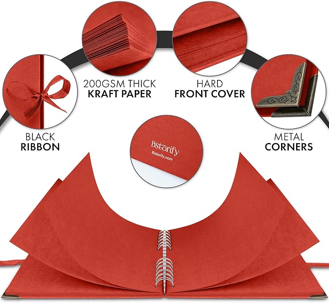 Bstorify Square Scrapbook Photo Albums 8 x 8 Inch Red Thick Paper, Metal Corners - Image 3