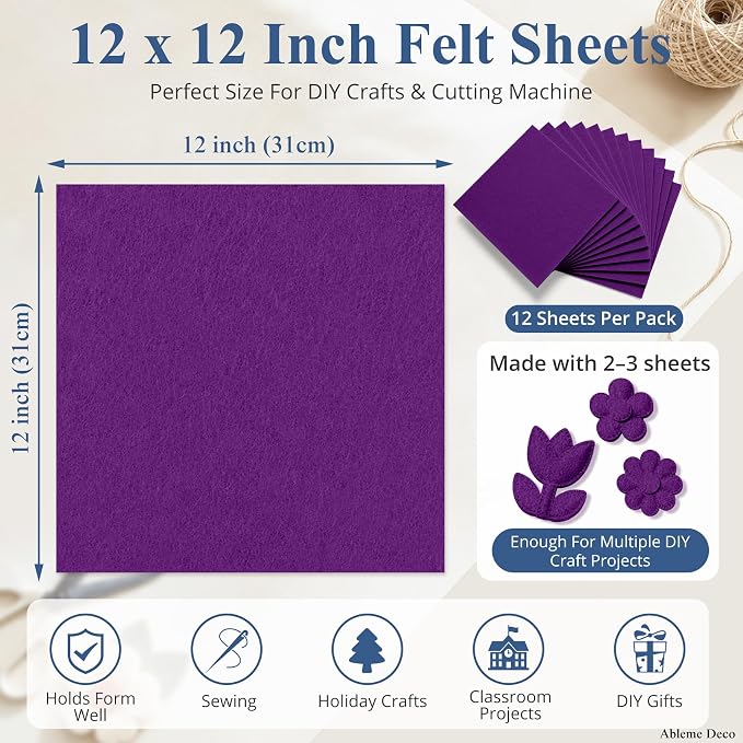 12" x 12" Felt Sheets for Crafts, 2mm Stiff Felt Fabric, Polyester Felt Squares - Image 3