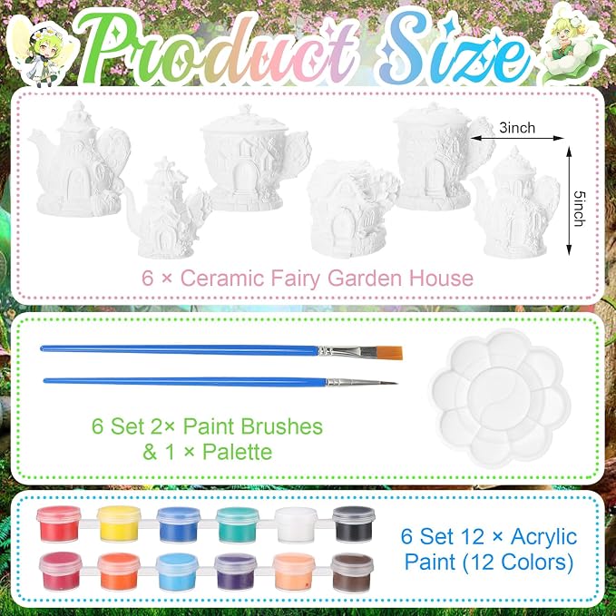 Thyle 6 Set 5 Inch Ceramics Fairy House to Paint Teapot Fairy Garden House - Image 2