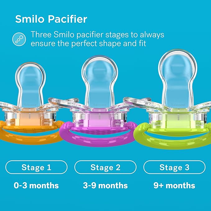 Smilo Baby Pacifier with Orthodontic Design for Healthy Dental Development - Stage 1 for Babies 0-3 Months - Pack of 3X 100% Silicone Newborn Pacifiers BPA Free - Aqua Blue
