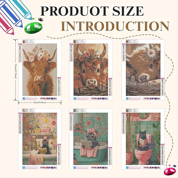 Mosaflare 6 Pack 5D Diamond Painting Kits, Highland Cow Black Cat Diamond Art - Image 6
