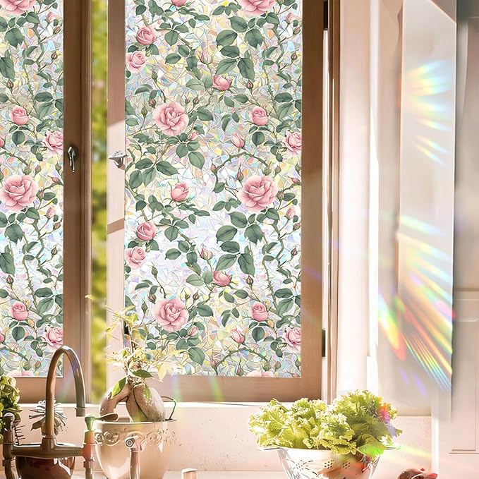Stained Glass Window Cling, Rainbow Tinted Window Film Sun Blocking, Floral by UQRUI