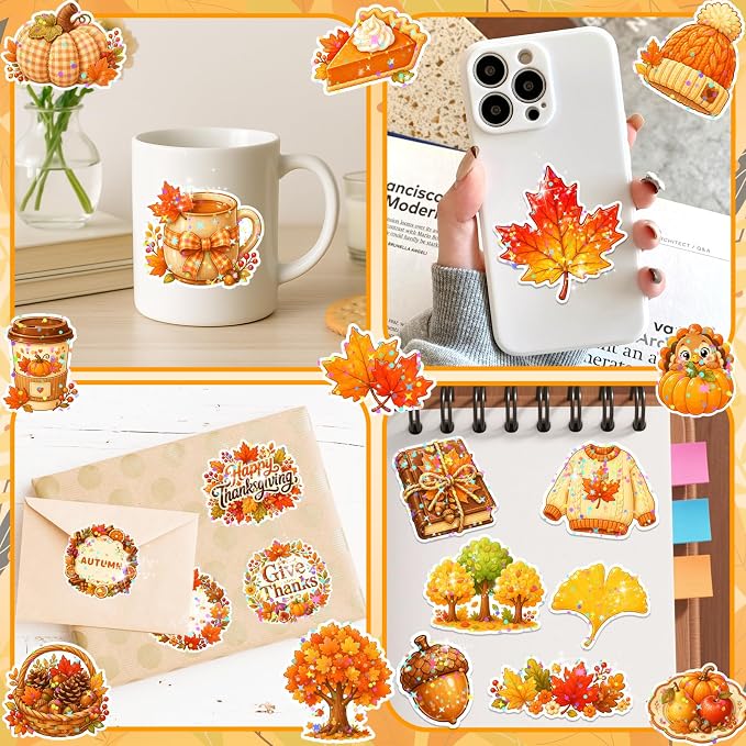 100 Pcs Thanksgiving Fall Waterproof Vinyl Theme Glitter Holographic Stickers - Image 2