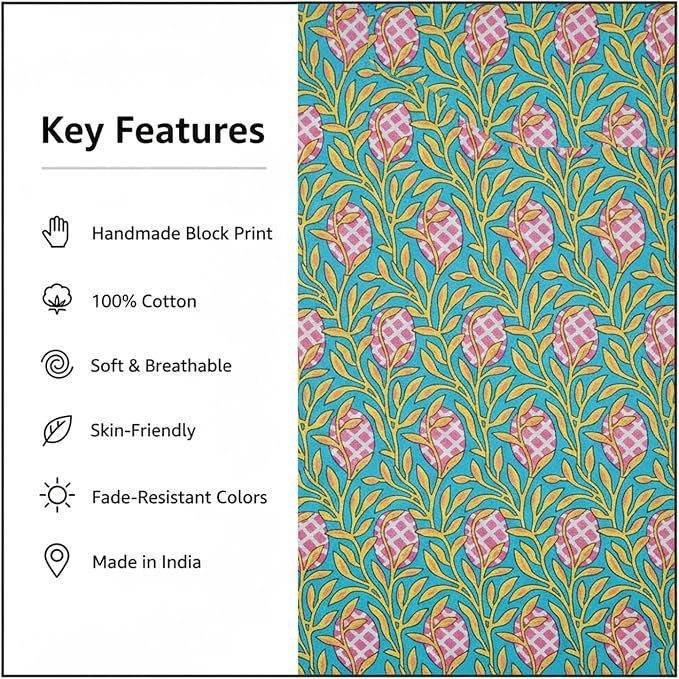 E-Tailor®Hand-Block Printed Pre-Cut Cotton Fabric Ideal - Image 3