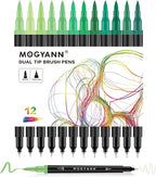 Green Markers, 12 Pack Dual Brush Pens Drawing Markers by Mogyann