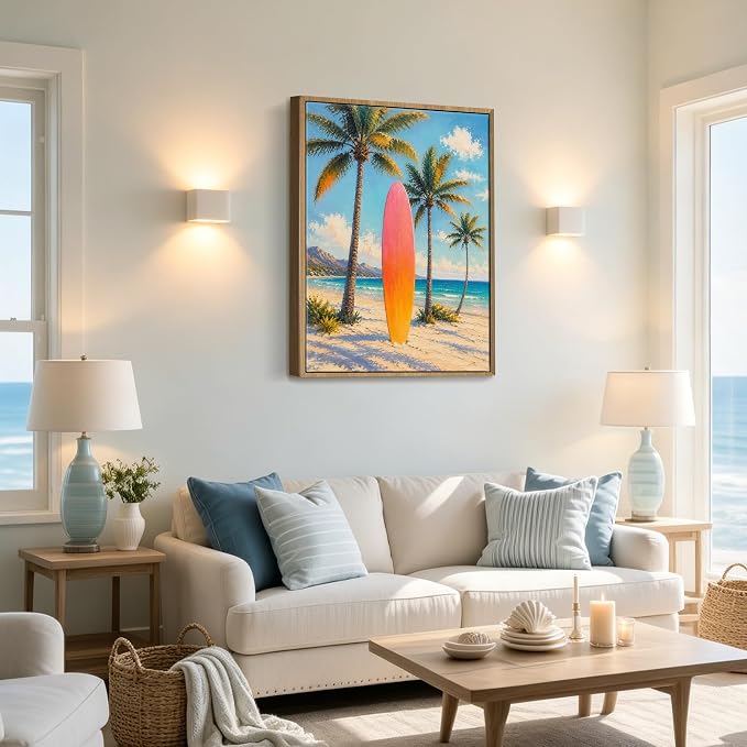 Pastel Gradient Surfboard Palm Tree Canvas Wall Art Print Tropical Summer Beach - Image 8