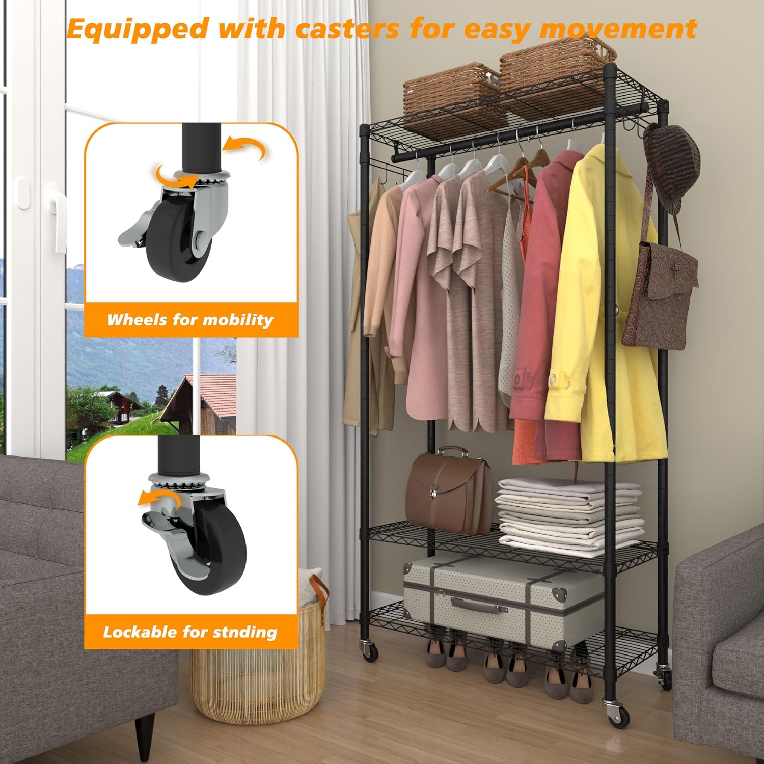 Rolling Portable Garment Rack,Freestanding Clothes Racks, Portable Closet Wardrobe with 3 Adjustable Wire shelves,2 Side Hooks, Black