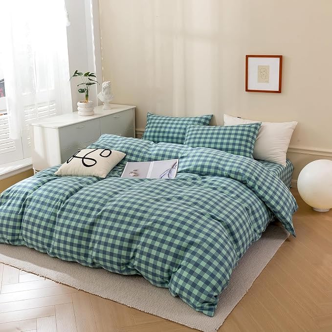 mixinni Green Gingham Grid Duvet Cover Queen, 100% Washed Cotton Modern - Image 5