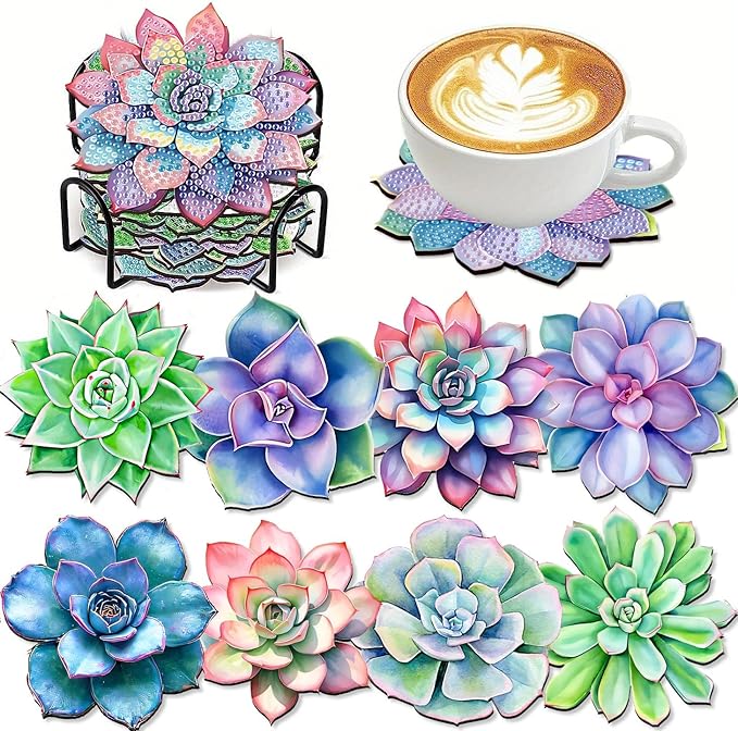 Clendo 8 Pcs Succulent Diamond Art Coasters Kit by Clendo