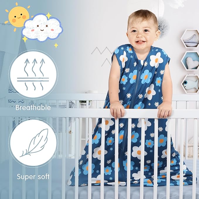 3 Pack Baby Sleep Sack 100% Rayon Cotton Baby Sleeping Bag 2-Way Zipper Toddler Wearable Blankets TOG 0.3. (Gerbera&Tulips&Pink, 0-6 Months)