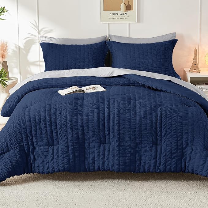 HYMOKEGE Navy Blue/Light Grey Twin Comforter Set Seersucker 5 Pieces, All - Image 7