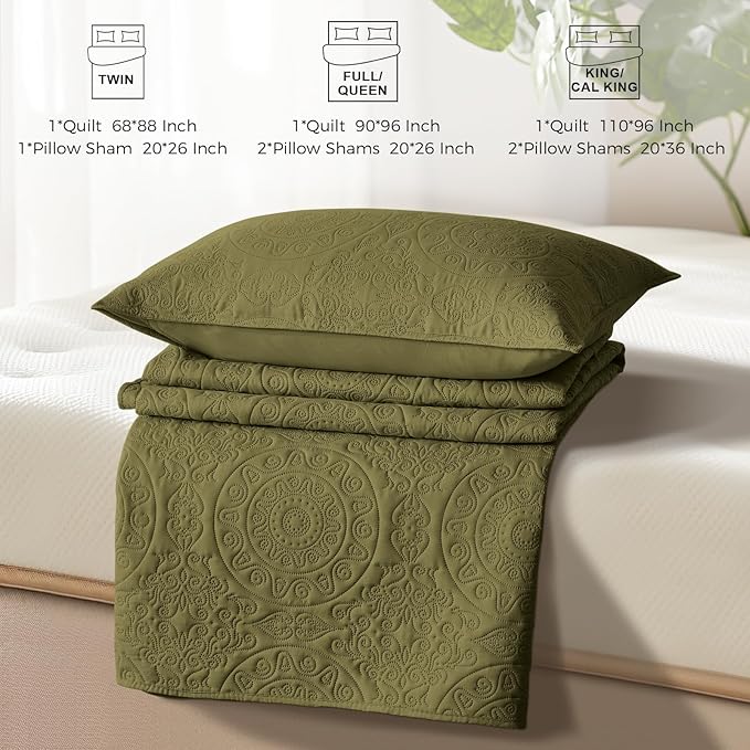 WURUIBO Olive Green Quilt Set King/Cal King Size, Embossing Microfiber - Image 7