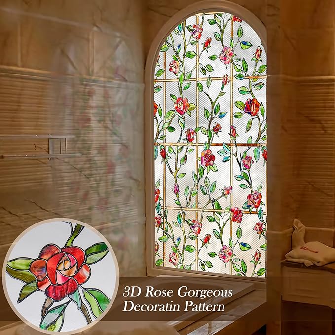 Windimiley Stained Glass Window Film, 3D Rose Floral Decorative Window Covering - Image 2