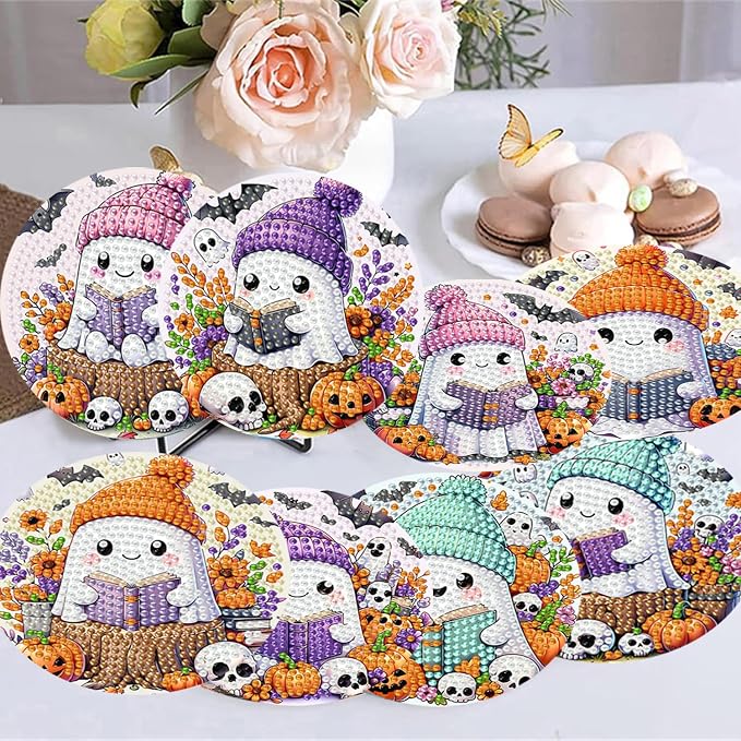 8 Pack Diamond Art Coasters, Halloween Ghost Diamond Painting Coasters Kits | - Image 4
