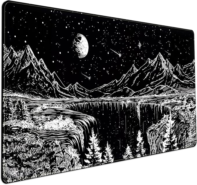 Black and White Desk Mat Dark Nature Forest Mouse pad XXL Starry Night Mountain by Mechanical+Cattle