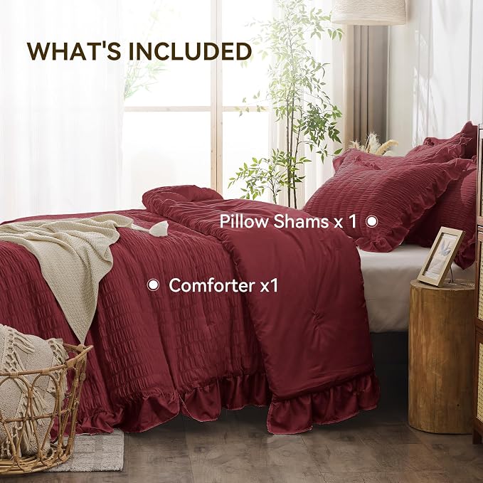 JOLLYVOGUE Twin Size Comforter Set, 2 Pieces Burgundy Seersucker Lightweight - Image 5