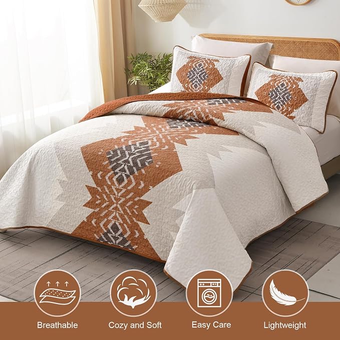 Dintszyayue Boho Quilt Set King Size 3 Pieces Aztec Texture Bedspread Coverlet - Image 2