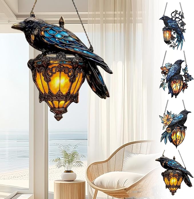 Raven Gothic on Lantern 2D Acrylic Suncatcher, Halloween Decor Indoor Faux - Image 2