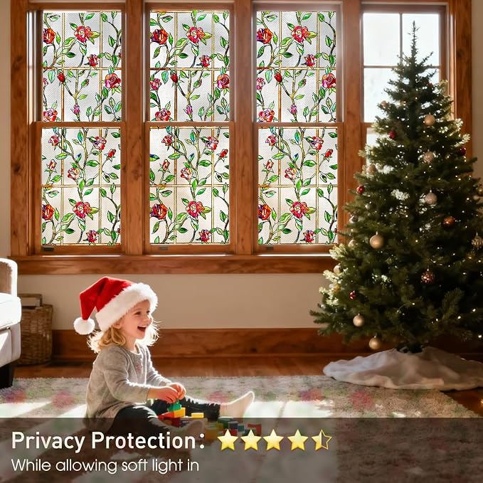 Coavas Window Privacy Film Stained Glass Window Clings 3D Red Rose Decorative - Image 3