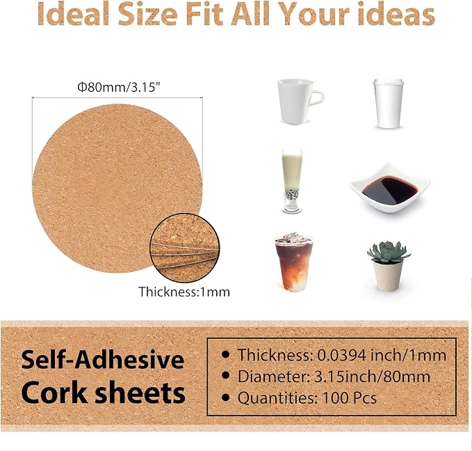 100 Pcs 3 Inch Round Self-Adhesive Cork Sheets, Wall Art & Decoration - Image 2