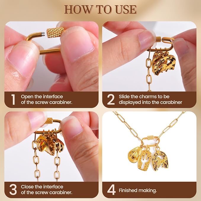 Stainless Steel Screw Lock Charms Carabiner Bracelet, 18K Gold Plated, 10 Pieces - Image 6