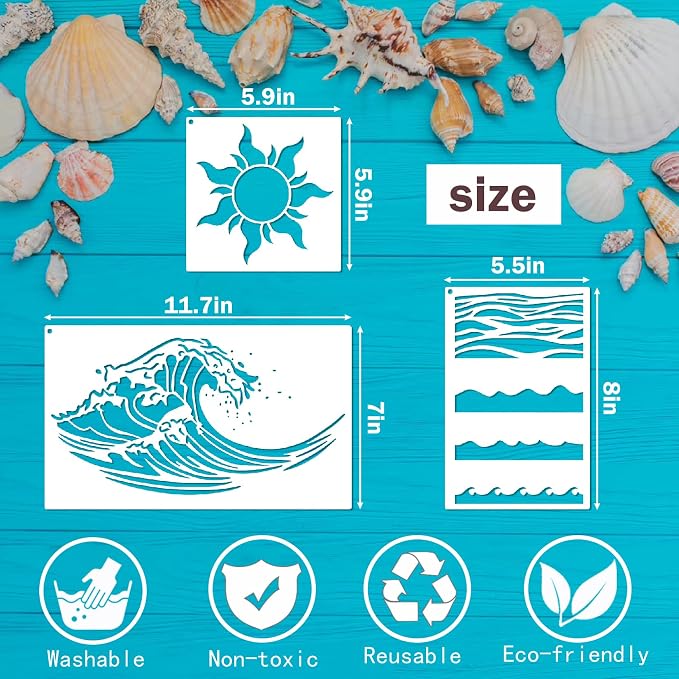 yhslmh Beach Wave Stencils for Painting on Wood Reusable Canvas Nautical - Image 2