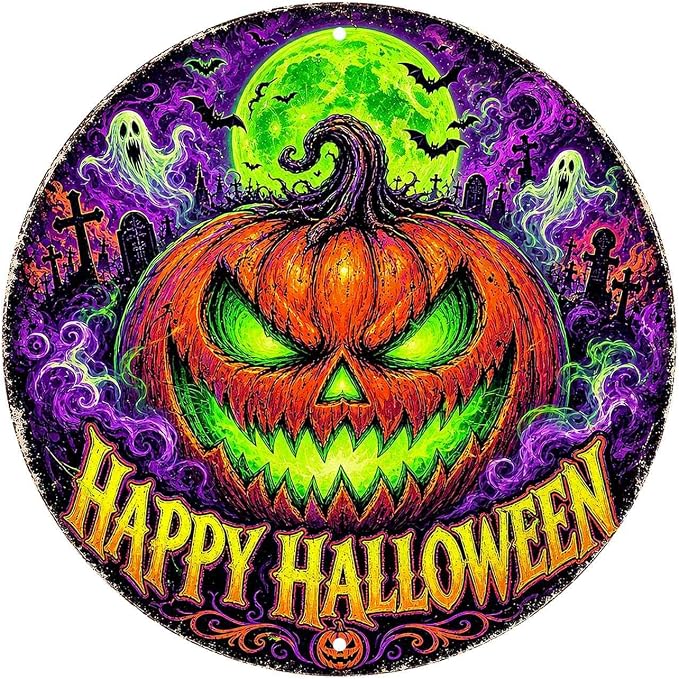 Neon Pumpkin Halloween Metal Tin Sign Round Wall Decor Glowing Jack O Lantern by Unknown